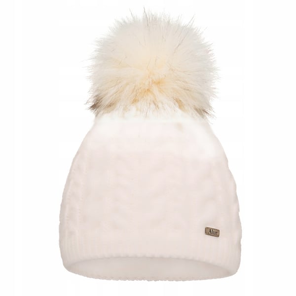 Krämfärgad vintermössa för dam med pompom, fodrad med fleece, varm beania universalstorlek