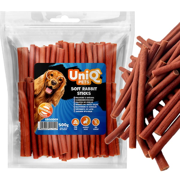 Delikatess, snack til hunde Soft Rabbit Sticks UniQ 500g