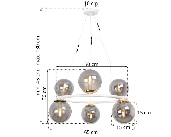 AURA VALKOKULTAINEN RIIPPUVALAISIN 6 LITTEÄÄ GRAFIITTIVARJOSTINTA E14