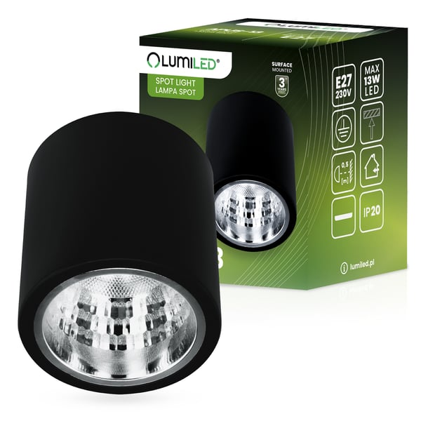 Fast rund loftslampe til påbygning APUS 13 spot TUBA sort E27