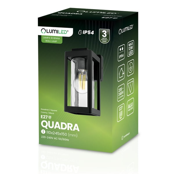 Trädgårdsvägglampa, E27, QUADRA LUMILED, Utomhus, Fasad