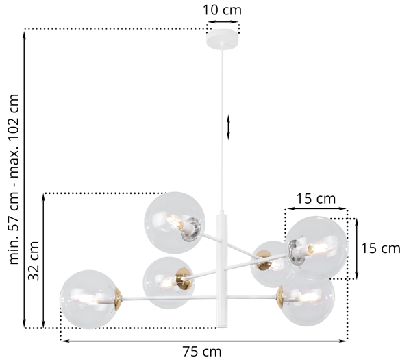 VICENZA HÆNGELAMPE I HVIDGULD MED 6 FLAD KLAR LAMPE E14