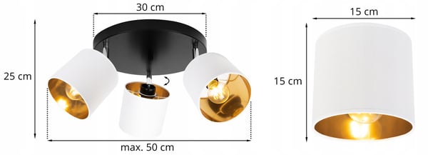 GAMA loftlampe, justerbar lysvinkel, 3 E27 pærer, hvid, gylden midte