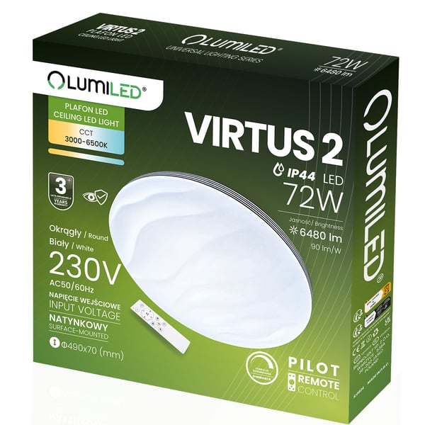 LED loftslampe overflademonteret VIRTUS2 72W IP44 CCT hvid rund 50cm + LUMILED fjernbetjening