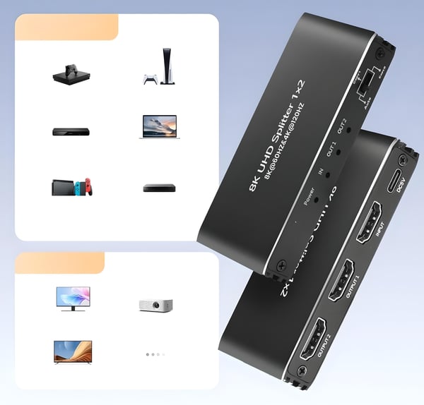 HDMI 2.1 SPLITTER 1x2 ULTRAHD SPLITTER HDCP 2.3 8K60HZ 4K 120HZ - 2 TV'er