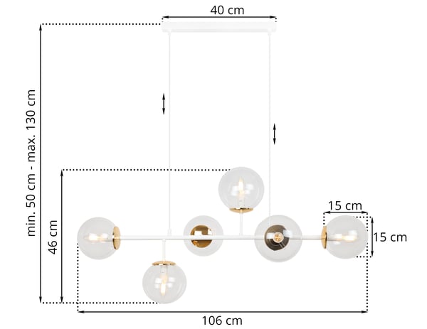 SIENA LOFTLAMPE HVIDGULD 6 FLADE LAMPER UDEN SKÆRM E14 LANGE ARME