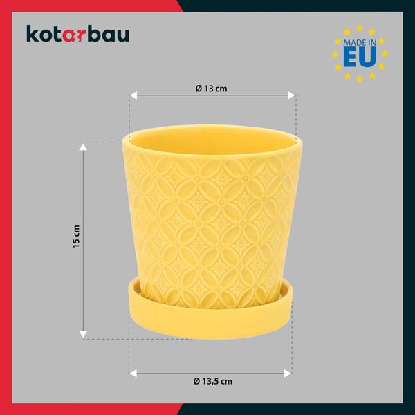 KOTARBAU® Rund senapsfärgad kruka 13 cm blomkruka med fat glaserad keramik växt- och örtkruka