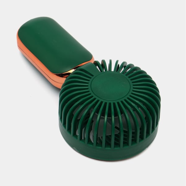 Mini lommeventilator i rosaguld med USB-genopladeligt batteri og stativ