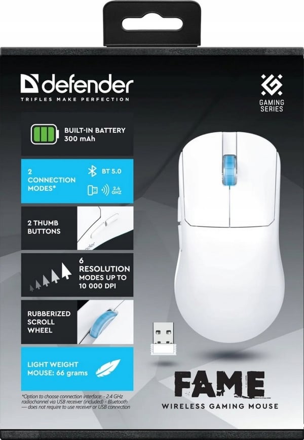 Defender Fame GM-516 trådløs mus optisk 10000 dpi 2,4 GHz + Bluetooth hvid genopladelig 5 knapper Gaming