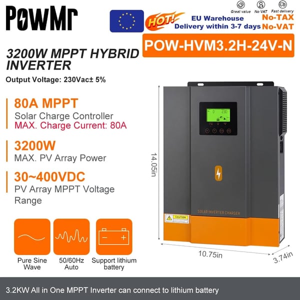 Hybridisolarinvertteri, puhdas sinimuotoinen lähtö, 80A MPPT-ohjain, 220-240V, Ei WIFI, 3.2KW 24V