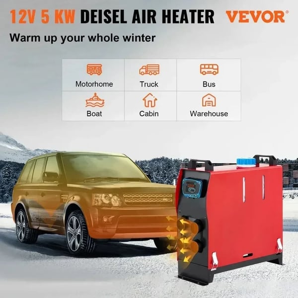 Dieselilmaohjain, 5 kW Teho, 12V Jännite, 5L Säiliökapasiteetti, 4 Ilmaulostuloa, -40 - +50 Lämpötila-alue
