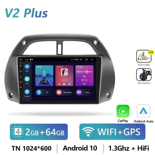 Dobbelt Skærm Bil Multimedia System, Forbedret Stemmestyring, Kompatibel med Toyota RAV4 2001-2006,2G-64G CarPlay Kamera