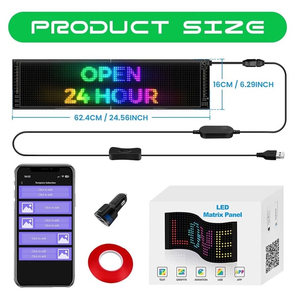 Fleksibel LED Matrix Panel, APP Kontrol, Vandtæt Design,16x62cm
