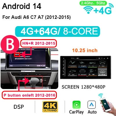 Multimedia Bilstereo, Nem Tilslutning, Kompatibel med Audi A6 2012-2018,HPL-HN-R-4G64-B