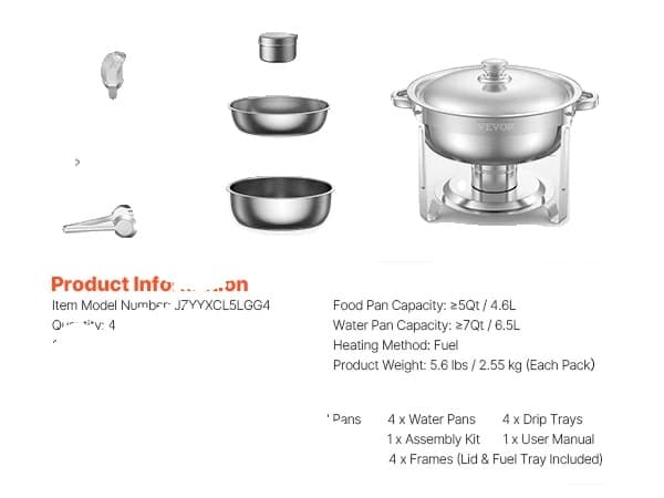 Chafing Dish, Rustfrit Stål, 5QT Kapacitet,Sølvfarvet Chafing Dish, Rustfrit Stål, 5QT Kapacitet,Sølvfarvet