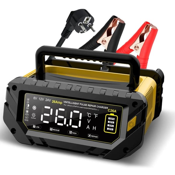 Bilbatterioplader, 6V-24V kompatibilitet, 26A udgang,26A EU STIK