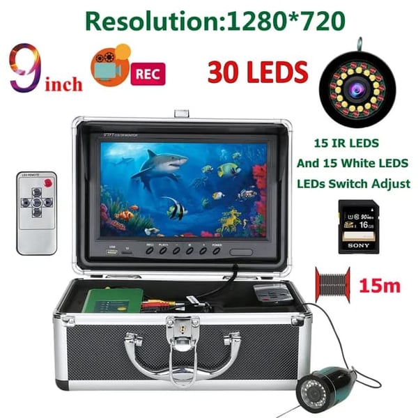 Undervandsfiskekamera, 9HD 1080P skærm, 15 hvide LED'er + 15 IR-lampe, 1080P 15M med DVR
