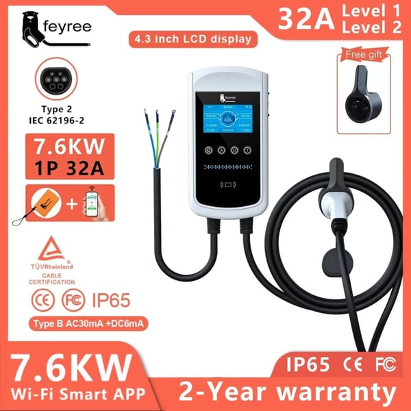 EV-lader, Smart Kontrol, Flere Sikkerhedsfunktioner,TYPE2, 7.6KW 32A 1 fase