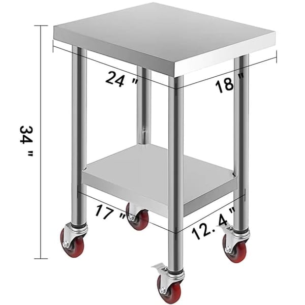 Rustfrit stål køkken forberedelse bord, 4 hjul, bærer op til 100KG-300KG., 24 x 18 tommer