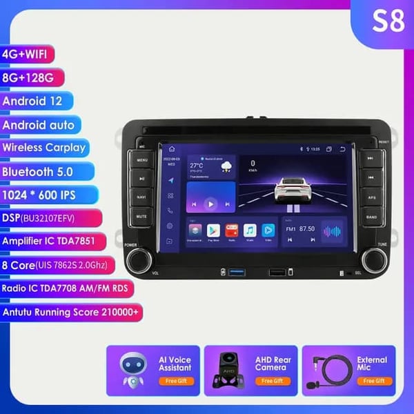 Carplay Android 12, monipuolinen mediasoitin, GPS-navigaattori, S8 AHD2 AI, neljäytiminen
