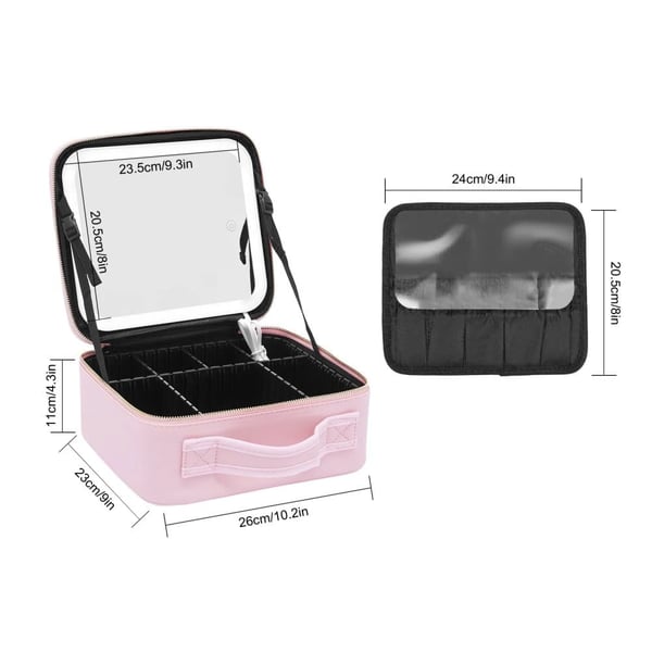 Rejse Makeup Taske, LED Spejl, Justerbare Rum,Lyserød
