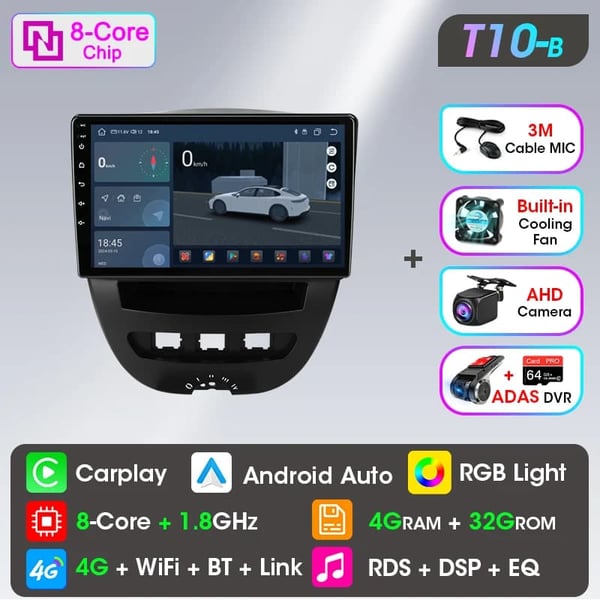 Multimediaafspiller, Touchskærm, Højopløsningsdisplay, Kompatibel med Peugeot 107 Citroën C1 Toyota Aygo 2005-2014,T10-B-ADAS