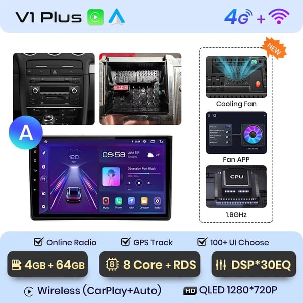 Bilradio, multimedieunderstøttelse, kompatibel med Audi A4 B6 2000-2009,V1 Plus (4G 64G)A