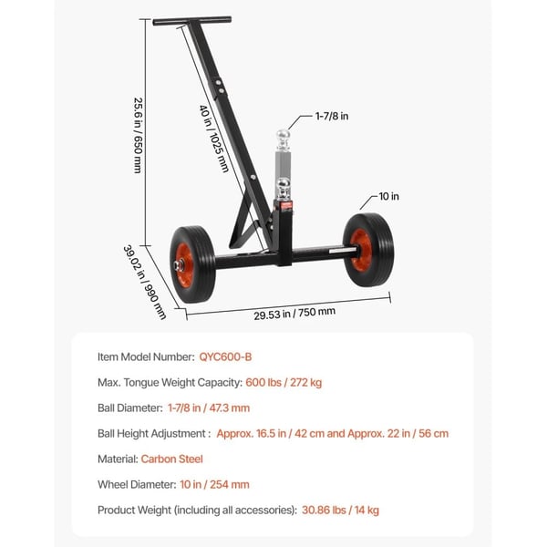 Trailer Dolly, 600 lbs kapasiteetti, säädettävä korkeus,600 paunaa