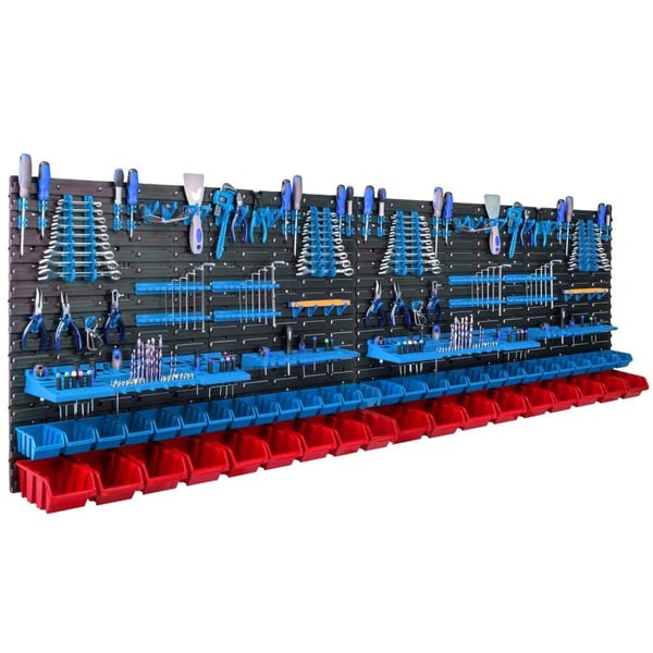 Vægværktøjsorganisator, 230 x 78 cm, 46 rum, 2 værktøjs hylder 580 x 158 mm, 2 værktøjs hylder 384 x 111 mm, monteringshuller til nem installation
