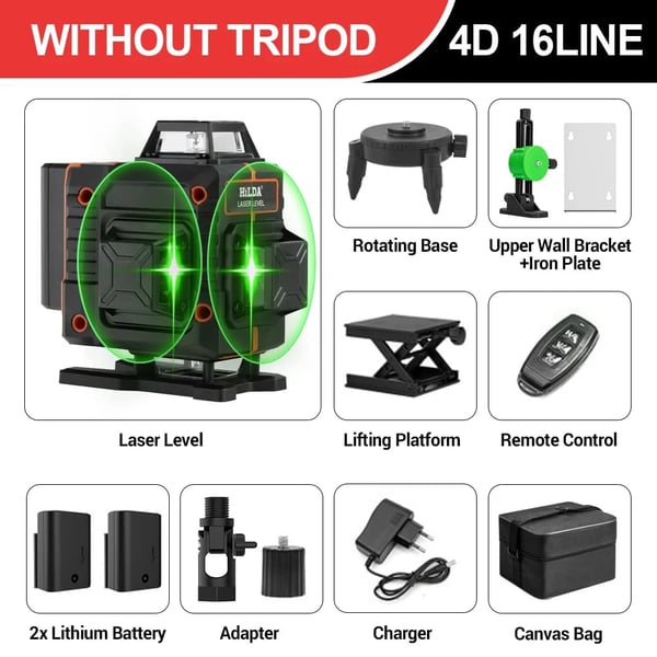 Laser Niveau, 16 Linjer, Selvnivellerende Funktion,2 Batteri