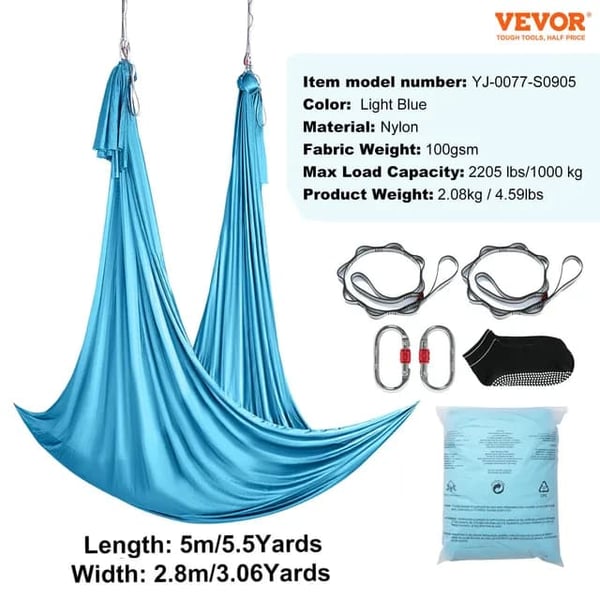 Luft Yoga Hængekøje, Nylon Stof, Komplet Ophængningsudstyr, Blå