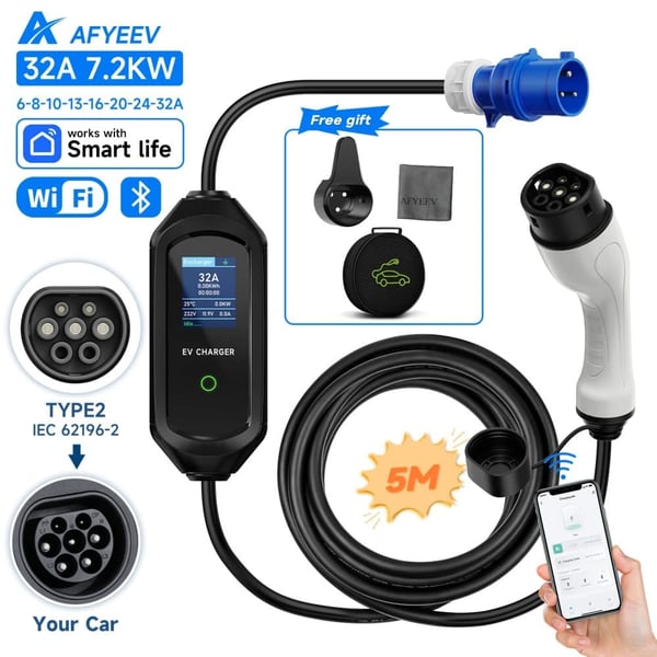 Bærbar EV-lader, 7,2 kW effekt, 5 m kabel længde,type2 7,2KW 5m kabel