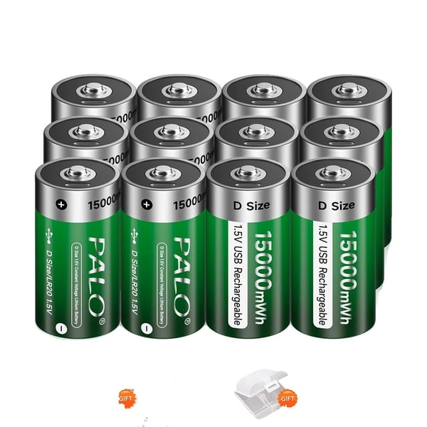 Uudelleenladattava D-kokoinen paristo, USB-kaapeli lataus, Li-ion-paristot,12PCS Akut