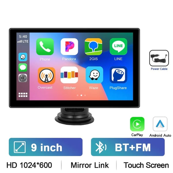 Dash Cam, 9-tuumainen HD-täydennäyttö, Bluetooth-yhteys,virtajohdolla