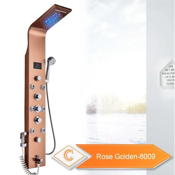 LED Badeværelse Brusepanel, 6 Tilstande Intelligent LCD, Rosaguld Regn Vandfald, Rose Golden 8009