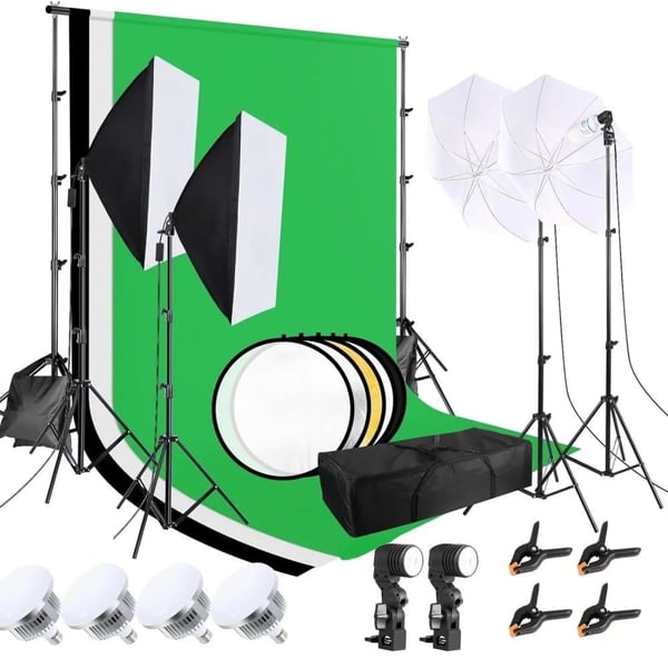 Fotografi Belysningskit, 3x2m Baggrundsstøttesystem, 85W LED-pærer, Højkvalitets Bomuldsbaggrunde, Softbokse Inkluderet