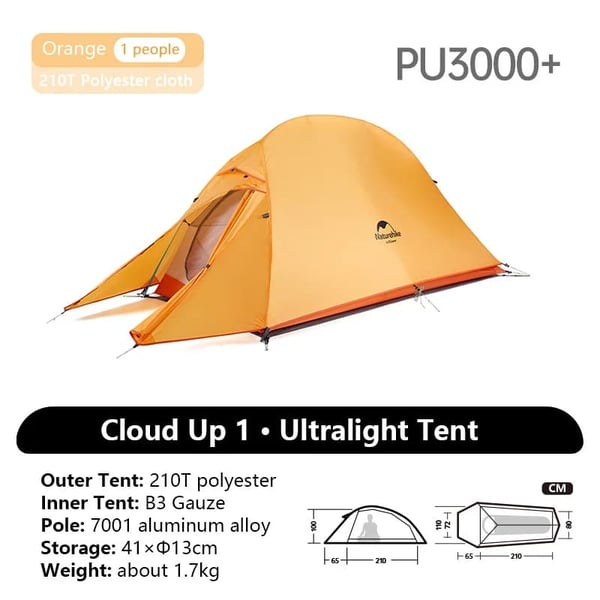 Naturhike Cloud Up 1 Person Telt, Ultralight Dobbeltlag, Vandtæt Indeks 3000 mm,1P - 210T Orange