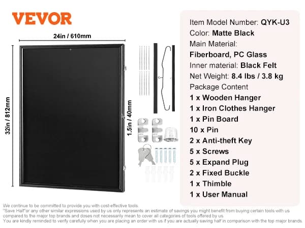 VEVOR Jersey Udstillingsramme, Låsbar Design, 98% UV Beskyttelse, Blødt Filt Interiør,610x812x40mm-1 stk