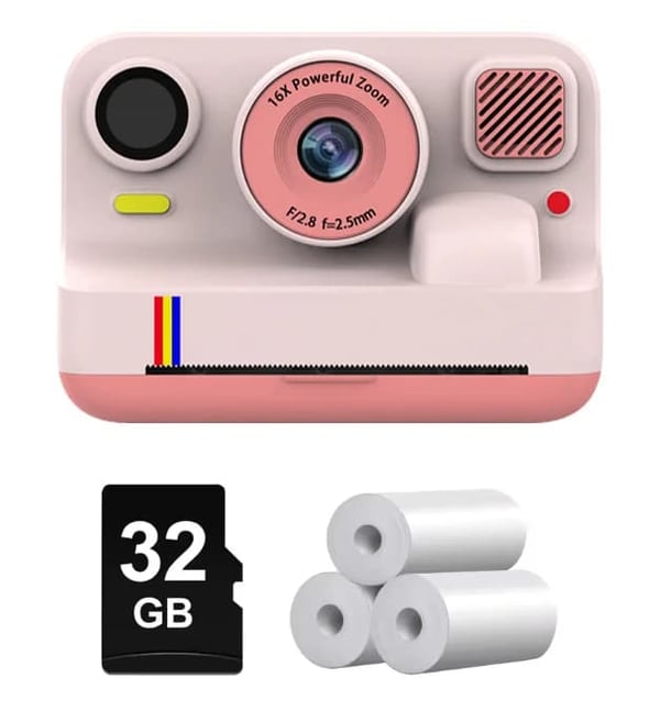 Børnekamera, Dobbeltlinse, Sofortprint,Pink
