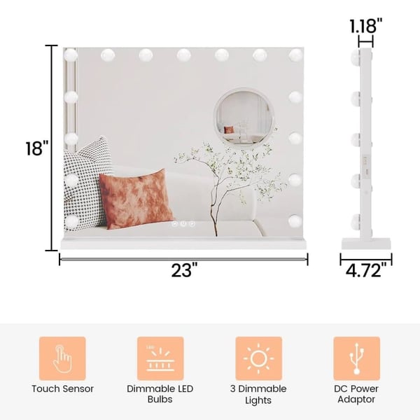 Spejl med lys, justerbar LED-belysning, smart touch-kontroller,23x18 tommer