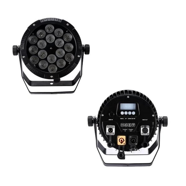 Ulkokäyttöön tarkoitettu LED Par-valo, IP65-vesitiivis, RGBWA UV 6in1, DMX512-ohjaus, IP65 18x18W, EU-liitin