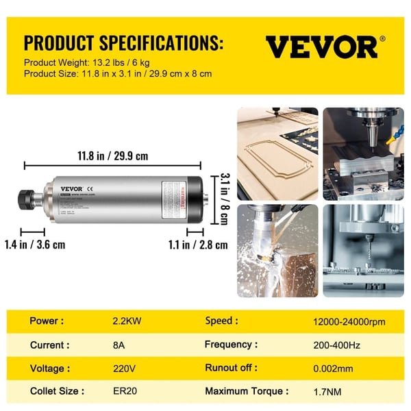 Luftkølet spindelmotor, 4 lejer, dynamisk balance design,2,2 KW ER20 Rund