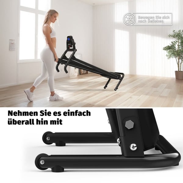 Løbebånd, 1-12 km/t hastighedsområde, 120 kg maksimal belastning, dimensioner 129 × 62 × 115 cm, foldbart design, Bluetooth-kompatibilitet