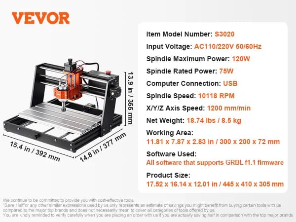 CNC Router Maskine, 120W Spindeleffekt, 11,81 x 7,87 tommer Arbejdsområde, USB-forbindelse,30 x 20 cm 120 W