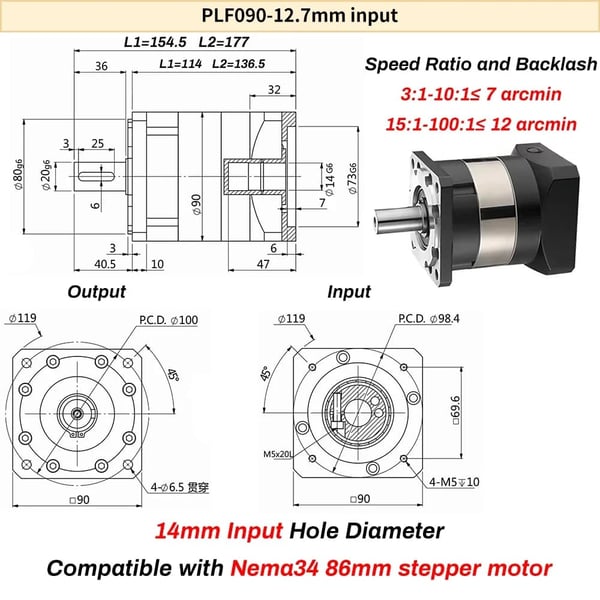 Planetgear Reducer, Høj Præcision, Alsidig Kompatibilitet,PLF090-14mm input, Forhold 5 til 1