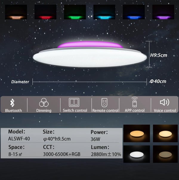 Smart LED Loftlys, Bluetooth-højttaler, Stemmestyring, Moderne Design,ALSWF 40cm 36W XDALSWF 40cm 36W XD