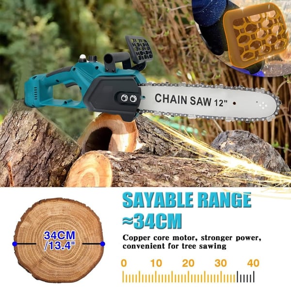 Elektrisk kædesav, børsteløs motor, batteridrevet,to batterier, 12 inches