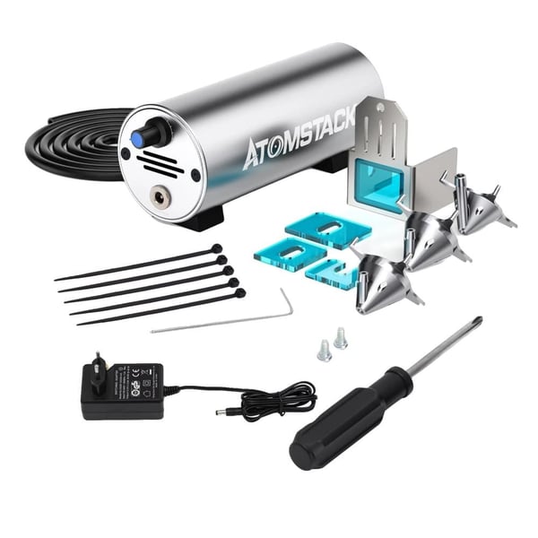 Luftassisteret kit, justerbar luftstrøm 10-30L/min, kompatibel med lasergravører, støjniveau 60dB, dimensioner 20x15x10cm, effektiv støvfjernelse