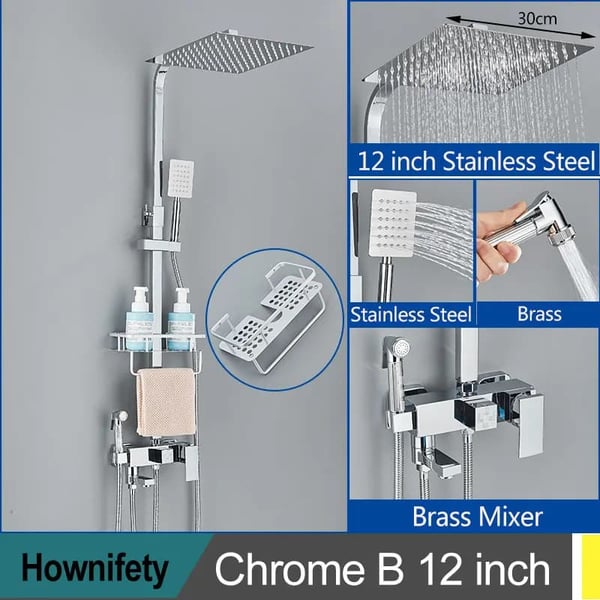 Suihkusekoitin, sadesuihkupää, messinkinen sekoitin, Chrome B 12 tuumaa
