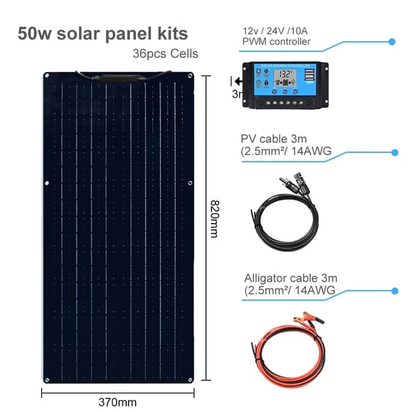 Højtydende Solpanel Kit, 50W/100W Monokrystallinsk, Fleksibelt Design,50W Kit Sort